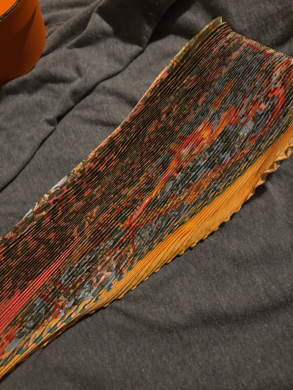 HERMES Carre 90 Pleated AXIS MUNDI Unisex Scarf Orange with box - Picture 7 of 9